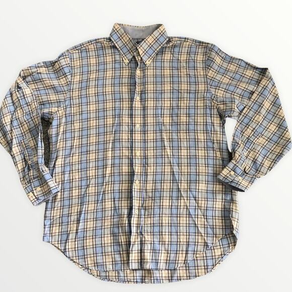 J McLaughlin Mens Size L Blue Plaid Button Up Shirt Office Casual Career Work - Picture 1 of 4